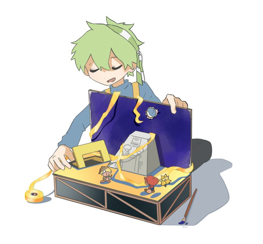 1girl, 2boys, apron, black_pants, blue_overalls, blue_shirt, blush, brown_hair