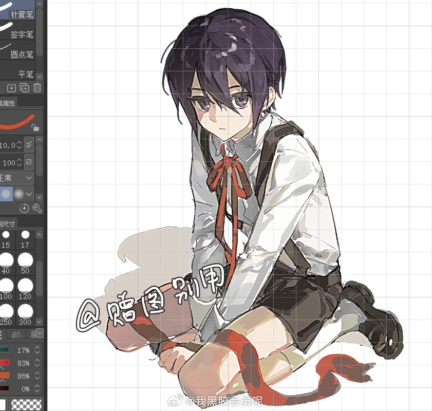 1boy, bow, kitakawayui, male_focus, original, purple_eyes, red_bow, seiza