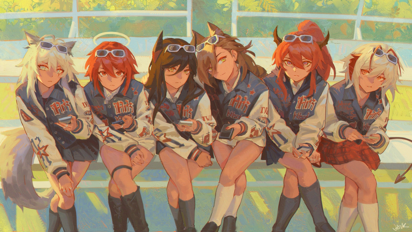 6+girls, alternate_costume, animal_ears, arknights, bench, brown_hair, buttons, closed_mouth, commentary, crossed_legs, day, exusiai_(arknights), eyewear_on_head, grass, hair_between_eyes, halo, hashtag-only_commentary, highres, holding, holding_phone, horns, ines_(arknights), jacket, jacknguyenart, kneehighs, lappland_(arknights), long_hair, long_sleeves, multiple_girls, outdoors, parted_lips, penance_(arknights), phone, pleated_skirt, school_uniform, sidelocks, signature, sitting, skirt, socks, star_(symbol), star_print, sunglasses, surtr_(arknights), w_(arknights), white_hair, yellow_eyes