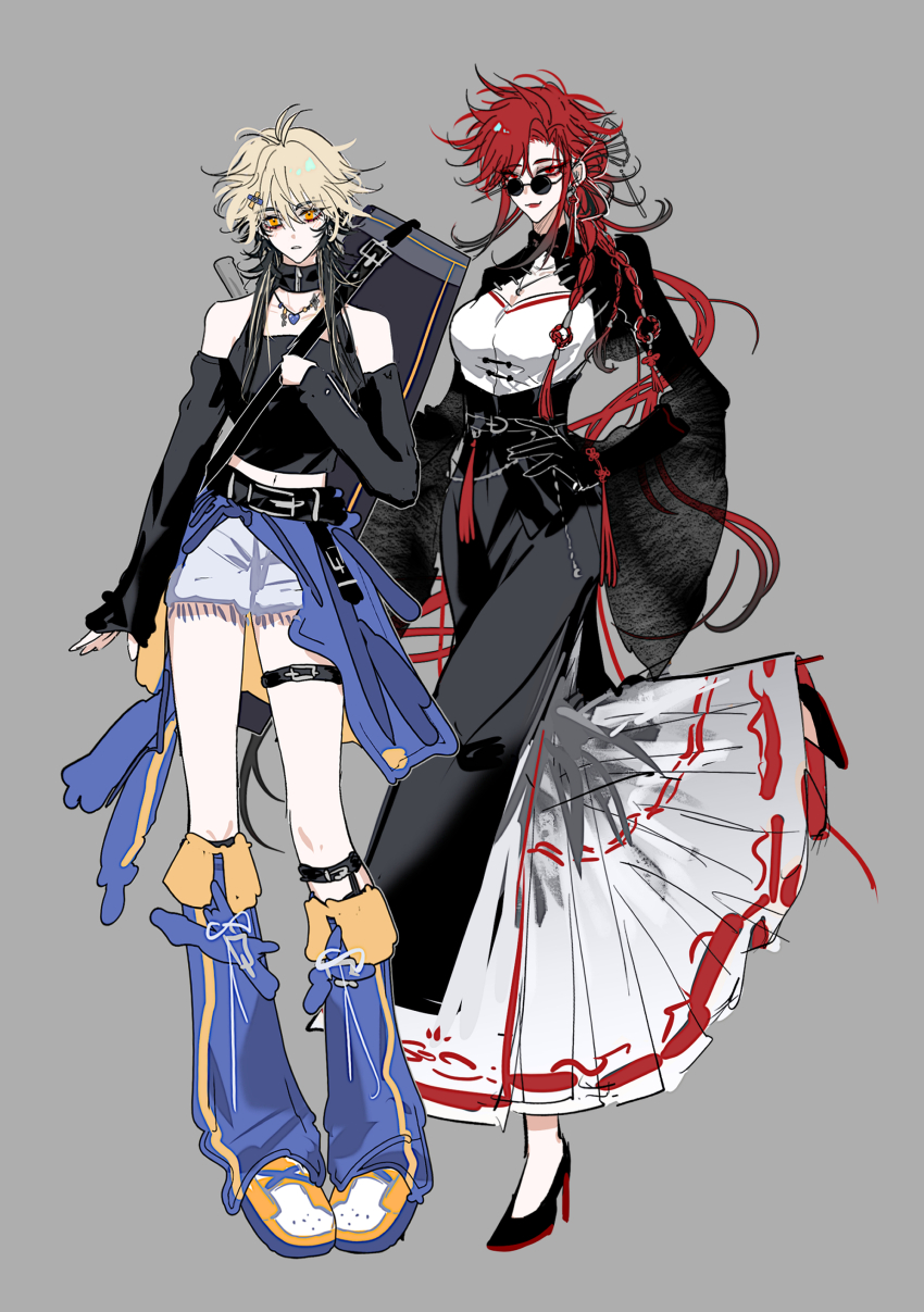 2girls, absurdres, alternate_costume, antenna_hair, backpack, bag, bare_shoulders, belt, black_belt, black_dress, black_gloves, black_hair, black_jacket, black_shirt, black_shoes, black_shrug, blonde_hair, blue_boots, boots, braid, breasts, chinese_commentary, cleavage, cleavage_cutout, closed_mouth, clothes_around_waist, clothing_cutout, detached_sleeves, dress, earrings, elbow_gloves, fingerless_gloves, full_body, genderswap, genderswap_(mtf), glasses, gloves, grey_background, hair_between_eyes, hair_ornament, hairclip, hand_on_own_hip, high_heels, highres, holding, jacket, jewelry, knee_boots, large_breasts, layered_dress, long_hair, long_skirt, long_sleeves, looking_at_viewer, medium_breasts, multicolored_hair, multiple_girls, necklace, pendant, red_eyes, red_hair, round_eyewear, shiguang_dailiren, shirt, shoes, short_hair, short_shorts, shorts, shrug_(clothing), simple_background, sketch, skirt, smile, standing, sunglasses, tassel, tassel_earrings, tassel_hair_ornament, tennouji_(weibo_7977958040), thigh_strap, tinted_eyewear, very_long_hair, white_shirt, white_shorts, white_skirt, wide_sleeves, xia_fei, xiao_weiying, yellow_eyes, yuri