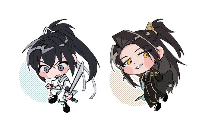 2boys, arms_behind_back, black_boots, black_hair, black_hanfu, black_sash, boots, brown_hair