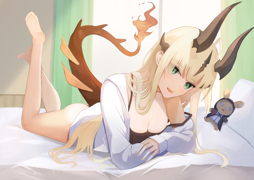 1girl, absurdres, ahoge, alternate_costume, arknights, ass, barefoot, bed