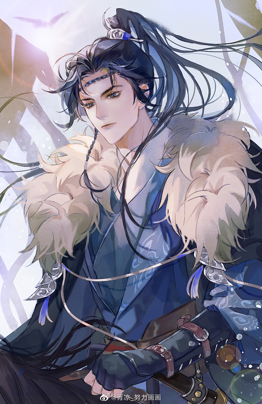 1boy, bird, black_cloak, black_gloves, black_hair, black_headband, blue_eyes, blue_hanfu