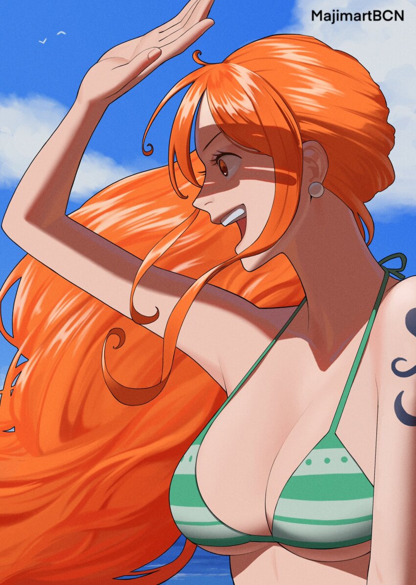 1girl, artist_name, bare_shoulders, bikini, bird, blue_sky, breasts, cleavage, cloud, cloudy_sky, commentary, earrings, green_bikini, halterneck, hand_up, highres, jewelry, large_breasts, long_hair, majimartbcn, nami_(one_piece), nami_(one_piece)_(return_to_sabaody), one_piece, open_hand, open_mouth, orange_hair, pearl_earrings, profile, shading_eyes, shoulder_tattoo, sidelocks, sky, smile, solo, swimsuit, tattoo, teeth, upper_body, upper_teeth_only, wavy_hair