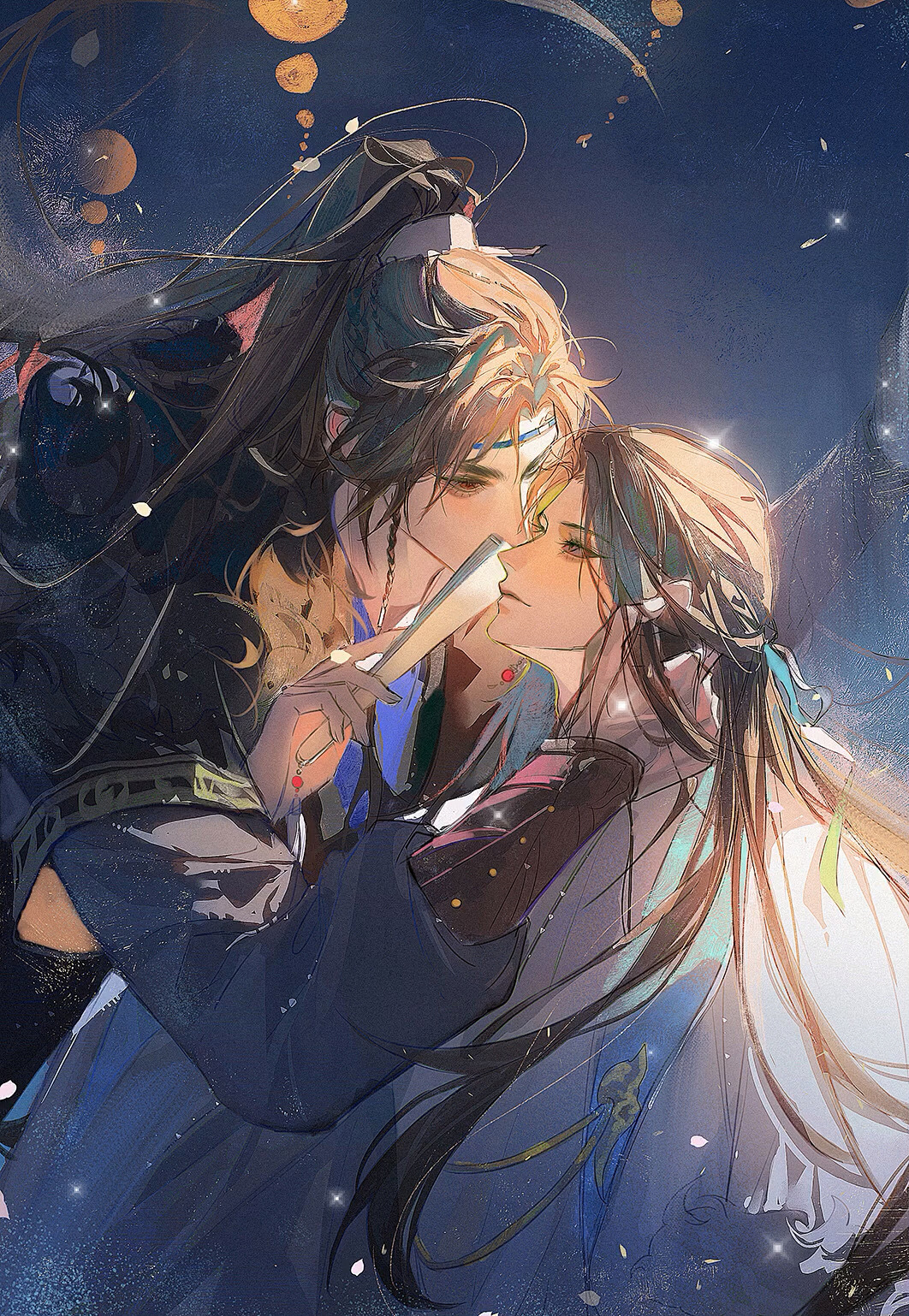 2boys, black_cloak, blue_hanfu, blue_headband, braid, brown_eyes, brown_hair, chinese_clothes