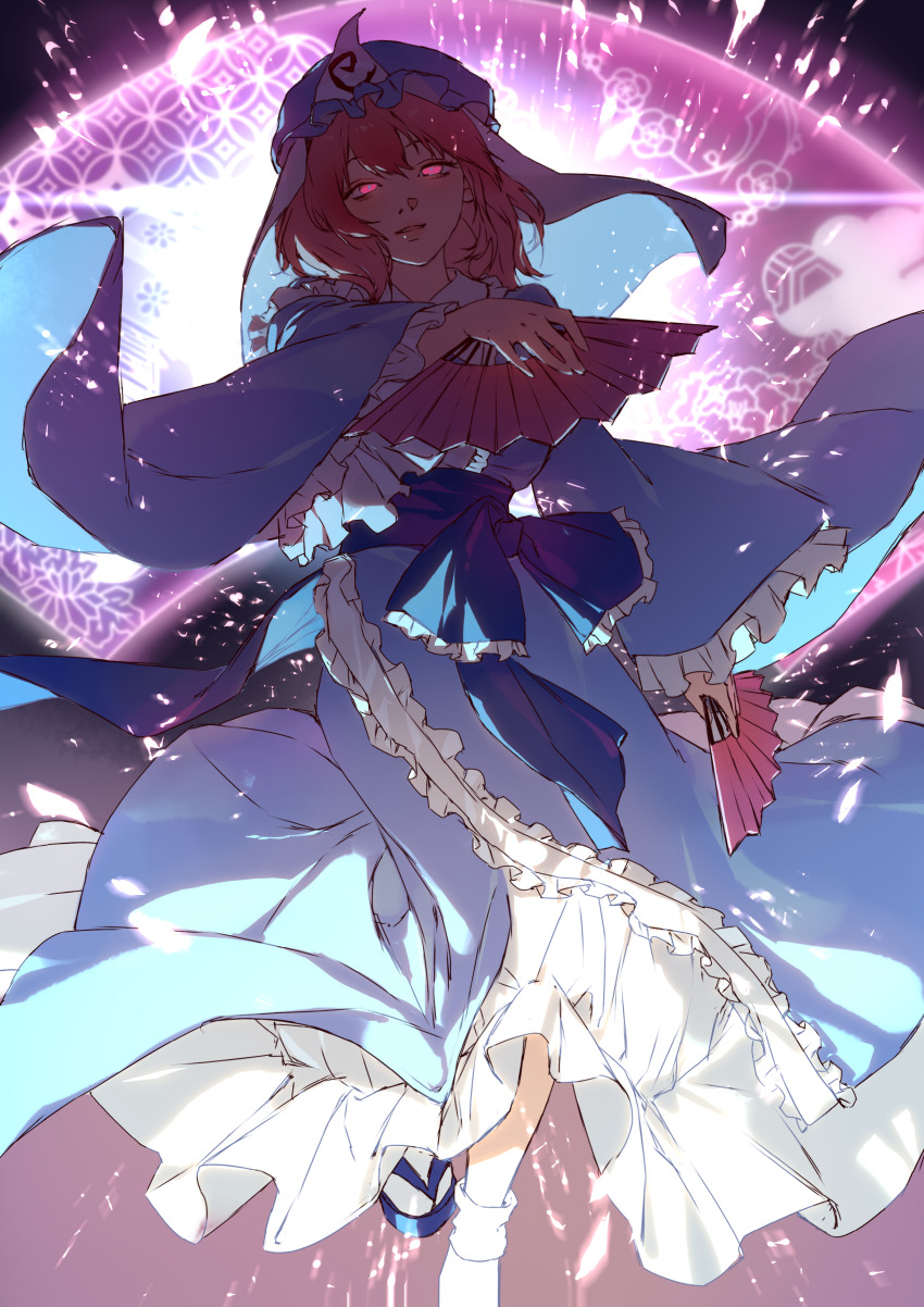 1girl, absurdres, blue_bow, blue_dress, blue_hat, blue_sandals, blue_sash, bow