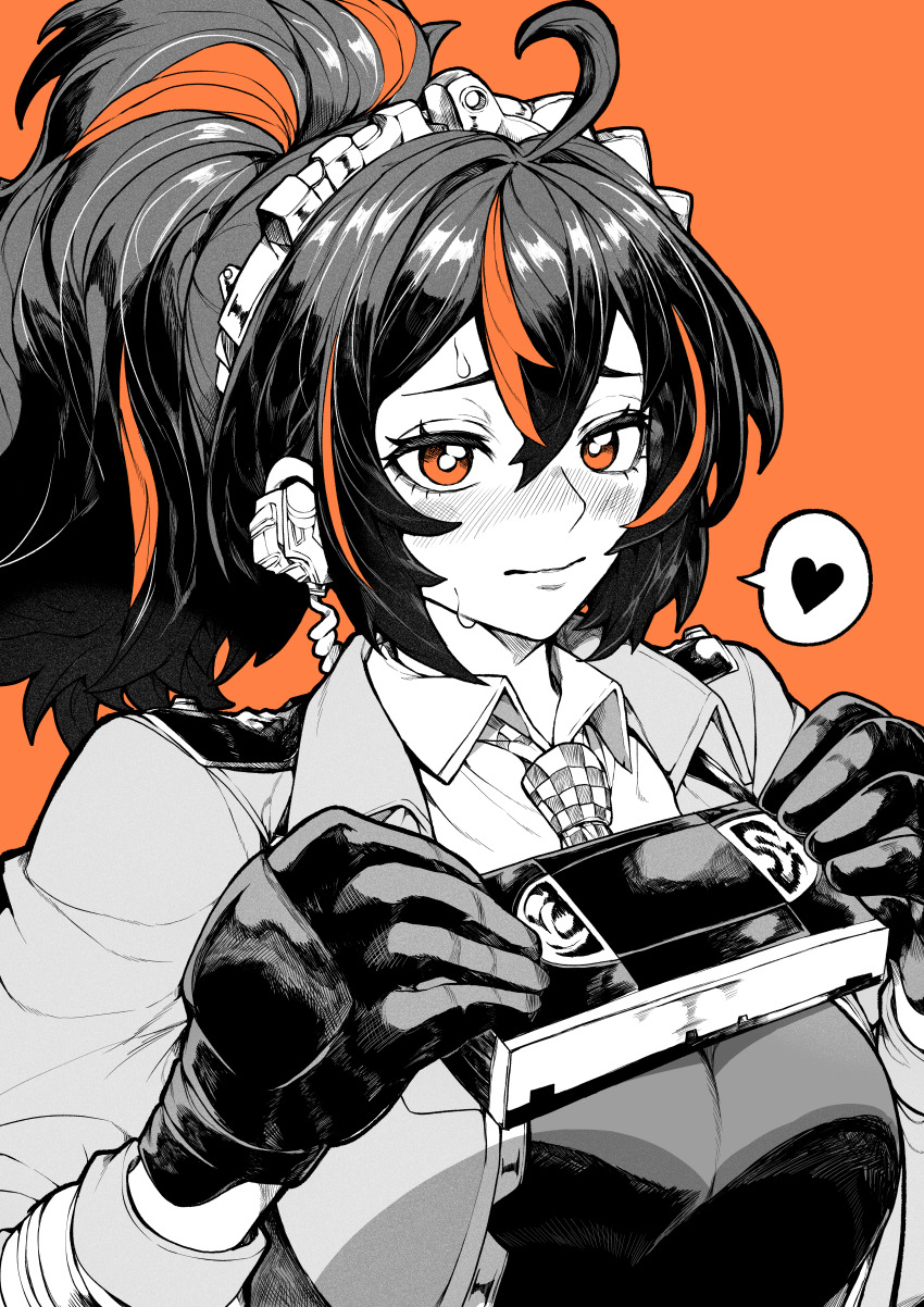 1girl, absurdres, blush, breasts, checkered_necktie, closed_mouth, collared_shirt, commentary_request, gloves, greyscale_with_colored_background, heart, highres, holding_cassette, large_breasts, long_hair, multicolored_hair, necktie, orange_background, orange_eyes, orange_hair, ponytail, shirt, simple_background, solo, spoken_heart, spot_color, streaked_hair, two-tone_hair, upper_body, yotsumi_shiro, zenless_zone_zero, zhu_yuan