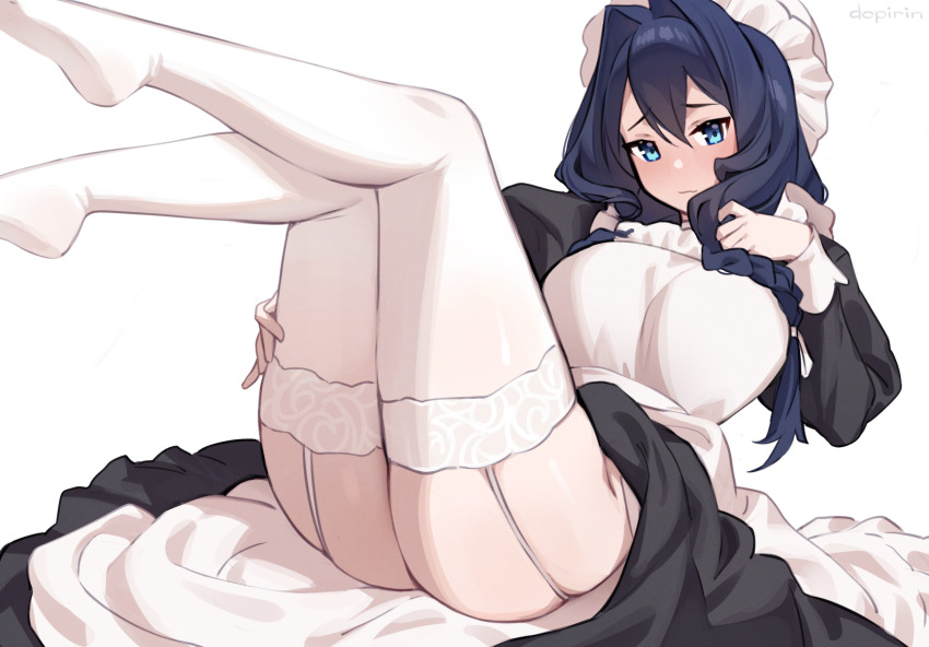 1girl, black_dress, black_hair, blue_eyes, blush, breasts, commentary, dopirin