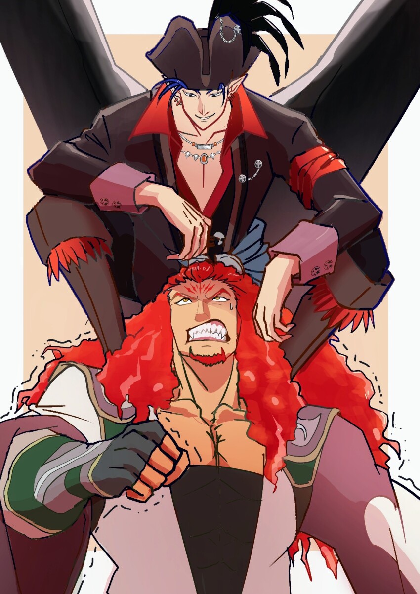 2boys, black_wings, blue_hair, clenched_hand, clenched_teeth, commentary_request, earrings, fire_emblem