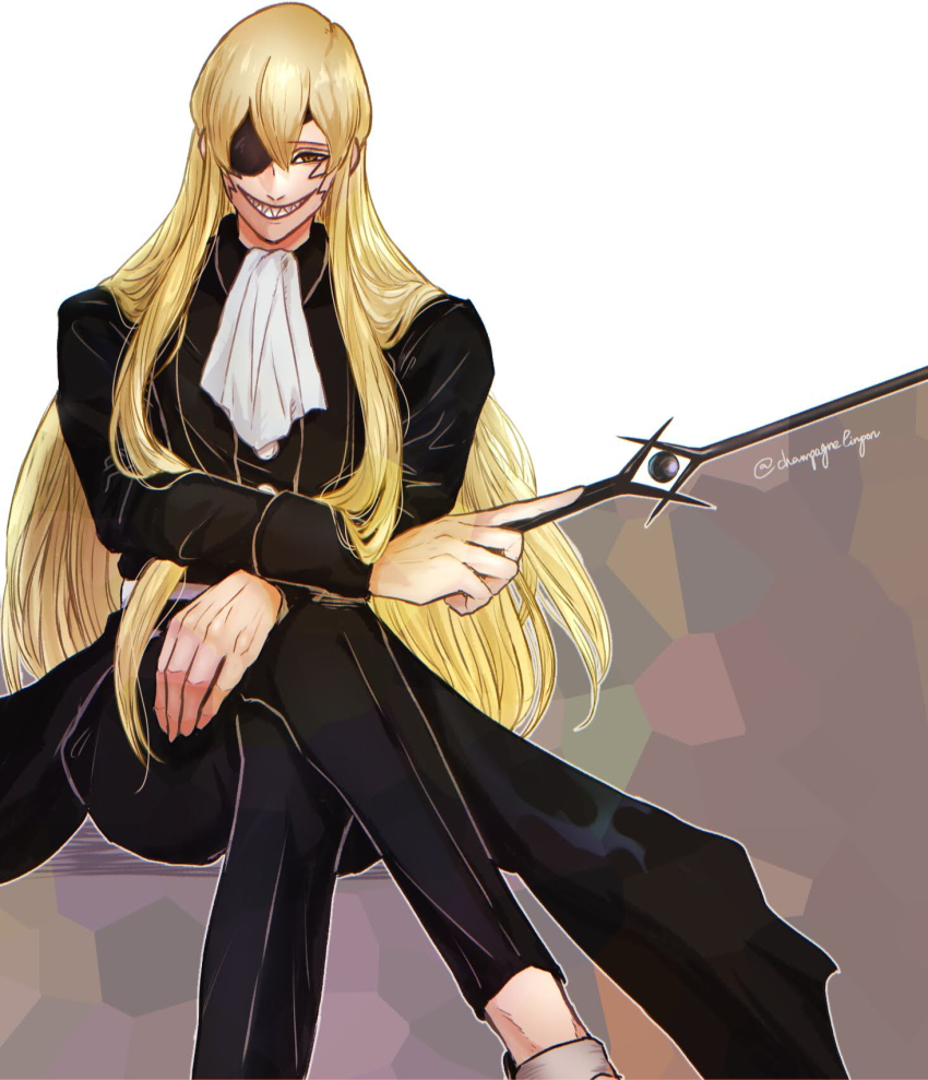 1boy, ascot, blonde_hair, crossed_legs, eyepatch, facial_mark, grey_background, grin