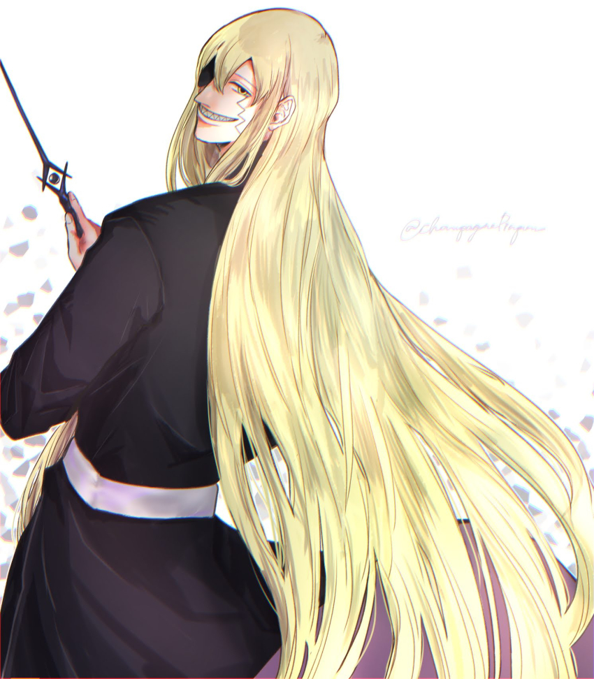 1boy, black_robe, eyepatch, facial_mark, grin, highres, holding, holding_wand