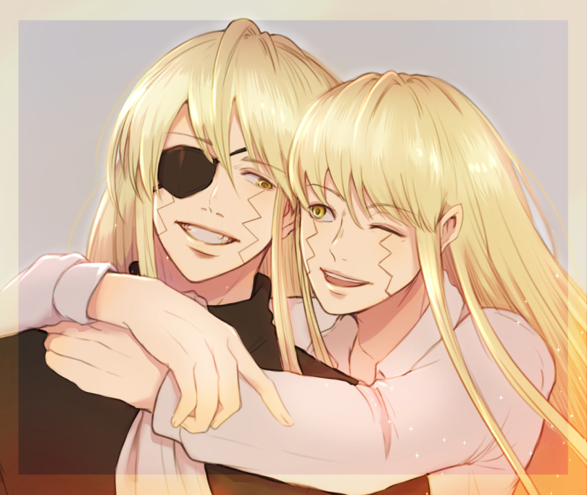 2boys, ;d, ascot, brothers, eyepatch, facial_mark, grey_background, hug