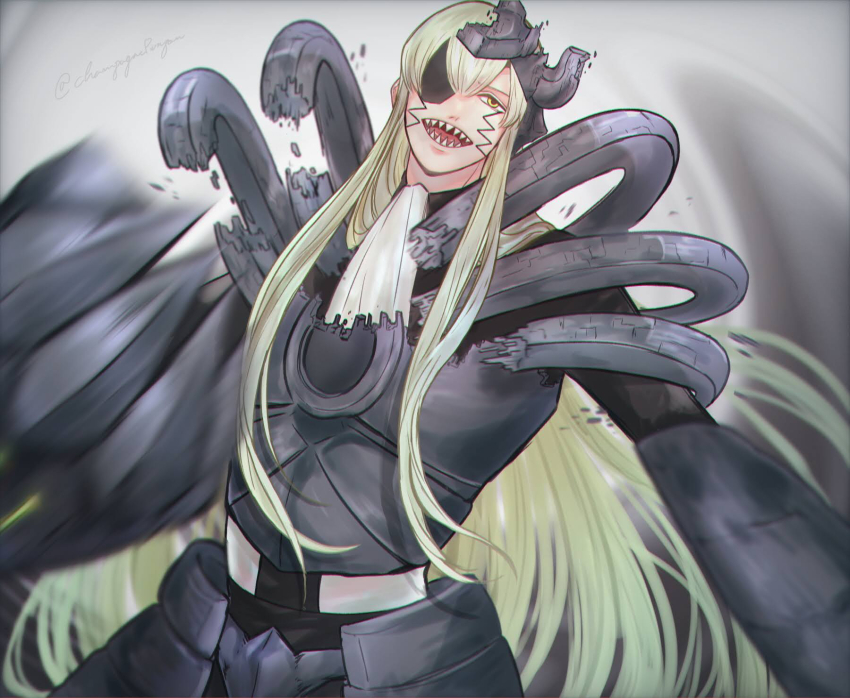 1boy, armor, ascot, blonde_hair, eyepatch, facial_mark, grey_background, highres