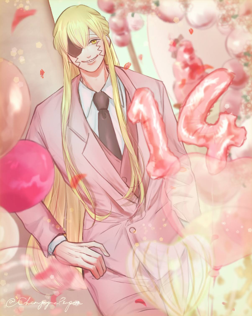 1boy, balloon, black_necktie, blonde_hair, blurry, blurry_background, eyepatch, formal_clothes