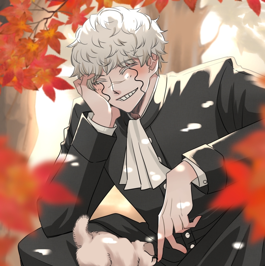 1boy, ascot, autumn_leaves, closed_eyes, day, facial_mark, facing_viewer, galuf_gargaron, grey_hair, grin, highres, leaf, long_sleeves, mad258369, male_focus, mashle, outdoors, short_hair, smile