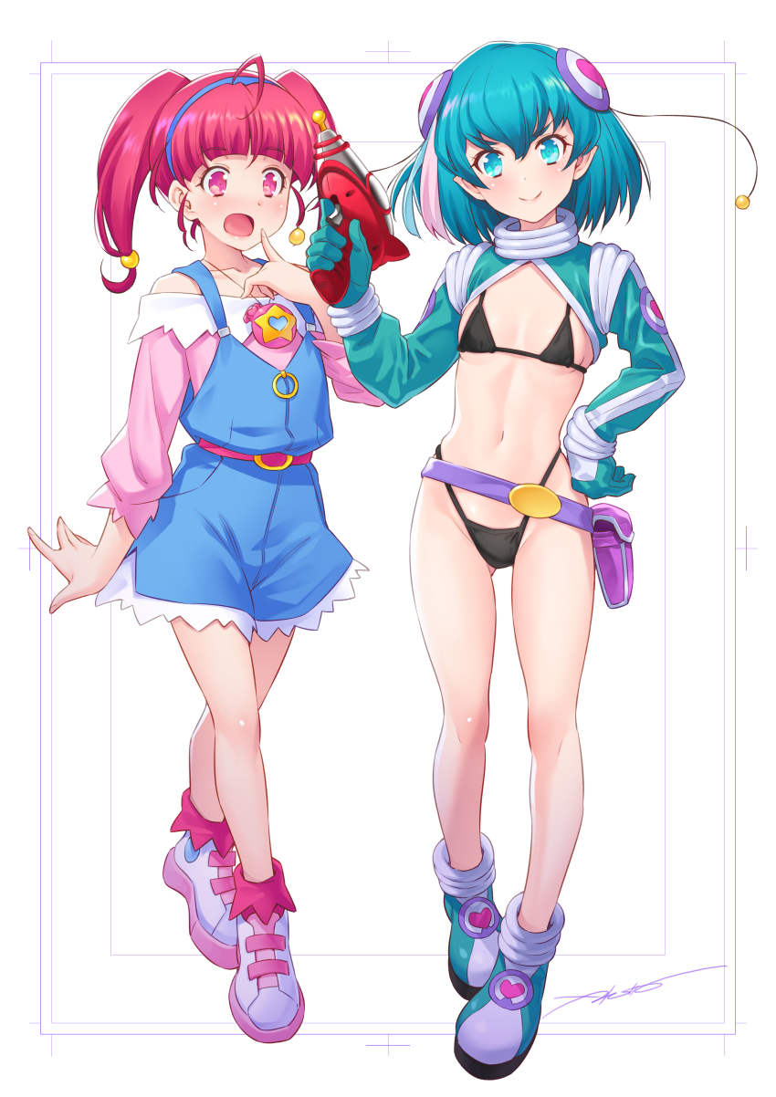 2girls, absurdres, ahoge, aqua_gloves, aqua_shoes, aqua_shrug, artist_name, belt