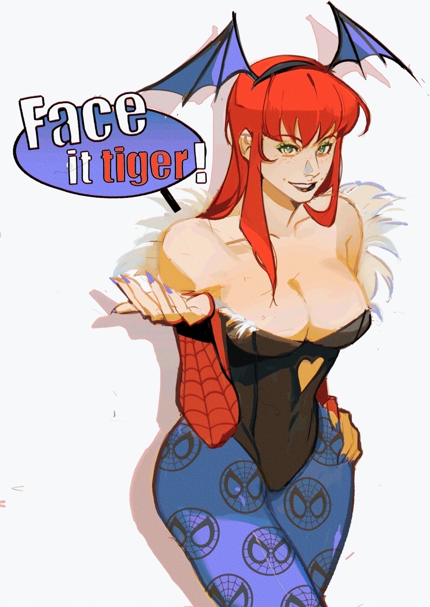 1girl, absurdres, bare_shoulders, bat_wings, black_hairband, black_leotard, black_lips, blue_pantyhose, breasts, bridal_gauntlets, character_print, chinese_commentary, cleavage, clothing_cutout, collarbone, cosplay, covered_navel, cowboy_shot, darkstalkers, english_text, fake_wings, fingernails, freckles, fur-trimmed_leotard, fur_trim, green_eyes, hairband, hand_on_own_hip, hand_up, head_wings, heart_cutout, highres, large_breasts, leotard, long_fingernails, long_hair, looking_at_viewer, lun_chuan_weizhi, marvel, mary_jane_watson, morrigan_aensland, morrigan_aensland_(cosplay), nail_polish, pantyhose, playboy_bunny, purple_nails, red_hair, shadow, simple_background, smile, solo, speech_bubble, spider-man, spider-man_(original_suit), spider-man_(series), spider_web_print, standing, strapless, strapless_leotard, teeth, white_background, wings