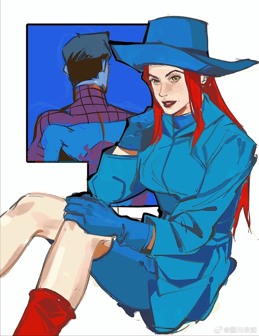 1boy, 1girl, animal_print, blue_bodysuit, blue_coat, blue_dress, blue_gloves, blue_hat