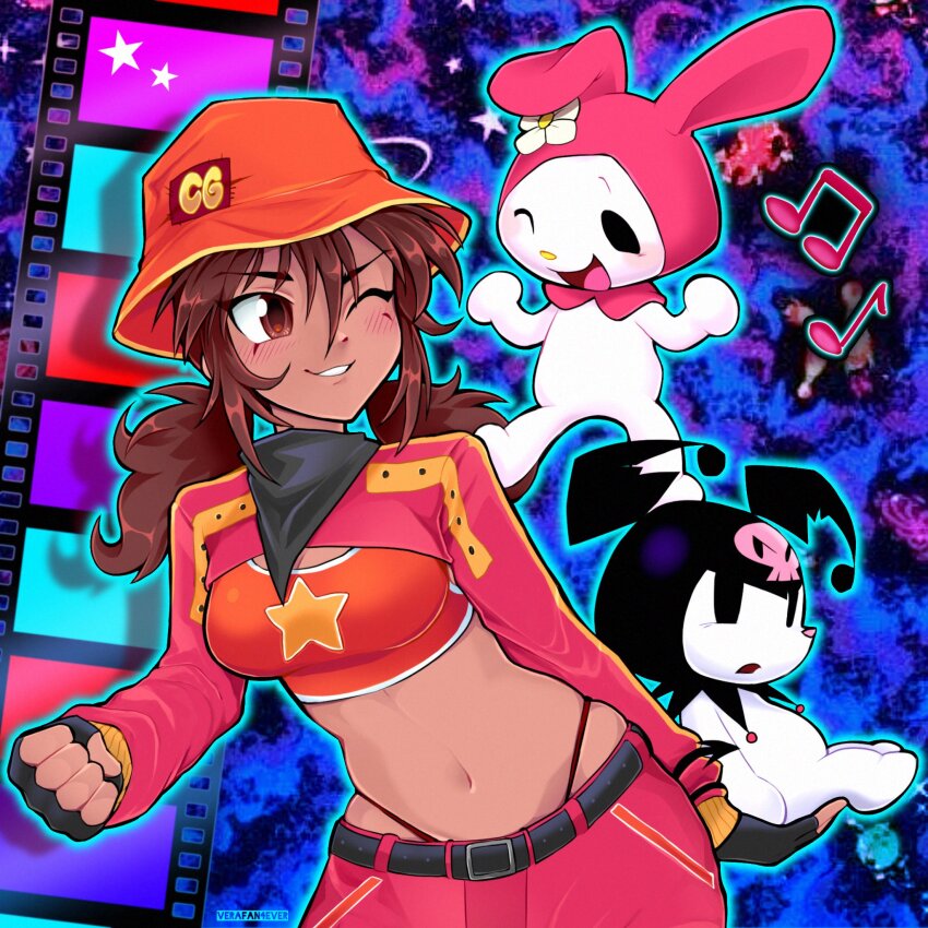 3girls, black_gloves, black_neckerchief, blush, breasts, brown_eyes, brown_hair, bucket_hat