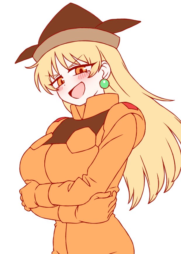 1girl, :d, alternate_costume, arms_under_breasts, black_hat, blonde_hair, blush, bodysuit, breasts, cosplay, earrings, gloves, gundam, hat, jewelry, katejina_loos, katejina_loos_(cosplay), ketsumaimo, large_breasts, long_hair, long_sleeves, looking_at_viewer, matara_okina, open_mouth, orange_bodysuit, orange_eyes, orange_gloves, simple_background, smile, solo, sphere_earrings, touhou, upper_body, victory_gundam, white_background