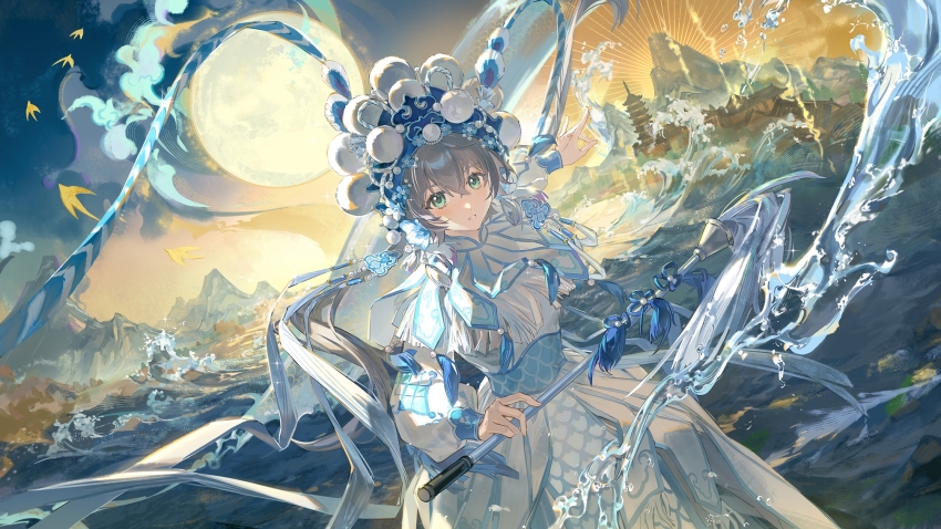 1girl, architecture, brown_hair, chinese_knot, closed_mouth, dress, east_asian_architecture, fuzi