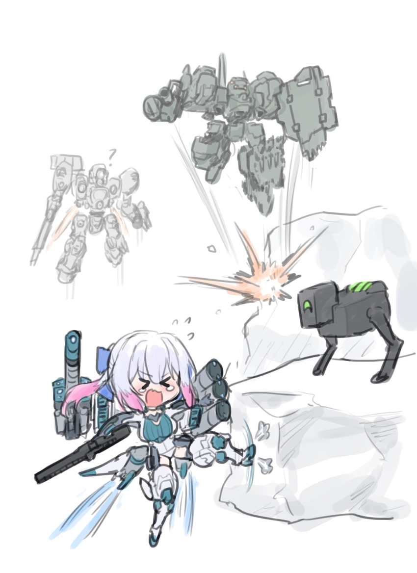 >_<, 1girl, 621_(armored_core_vi), android, armored_core, armored_core_v, armored_core_vi:_fires_of_rubicon, blue_bow, bow, breasts, chibi, dolls_nest, gameplay_ability, gameplay_mechanics, gradient_hair, grey_hair, gun, hair_between_eyes, hair_bow, highres, holding, holding_gun, holding_weapon, large_breasts, long_hair, maxilax, mecha, mecha_musume, multicolored_hair, pink_hair, robot, sidelocks, tearing_up, weapon