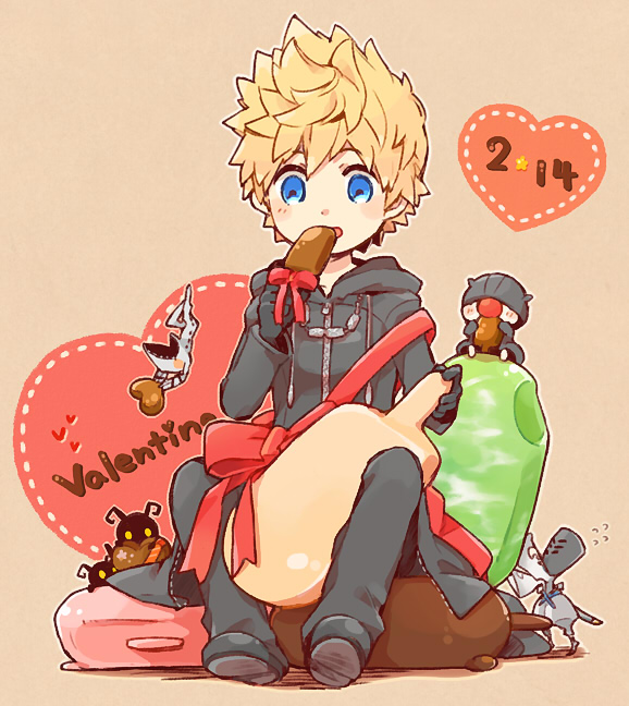 1boy, between_legs, black_coat, black_coat_(kingdom_hearts), black_gloves, black_pants, black_shoes, blonde_hair