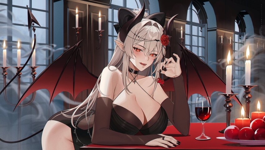 1girl, :q, absurdres, alcohol, apple, bare_shoulders, bent_over, black_choker, black_dress, black_nails, blush, breasts, bridal_gauntlets, candle, candlestand, cherry, chiawara, choker, cleavage, criss-cross_halter, cross, crossed_bangs, cup, demon_girl, demon_horns, demon_tail, demon_wings, dress, drinking_glass, flower, food, fruit, grey_hair, hair_between_eyes, hair_flower, hair_intakes, hair_ornament, halterneck, highres, holding, holding_food, holding_fruit, horns, indie_virtual_youtuber, indoors, inverted_cross, large_breasts, long_hair, long_pointy_ears, looking_at_viewer, nail_polish, open_mouth, pluvio, pointy_ears, red_eyes, red_flower, red_rose, red_wine, rose, side_slit, smoke, solo, tail, tongue, tongue_out, very_long_fingernails, very_long_hair, virtual_youtuber, window, wine, wine_glass, wings