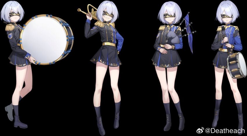 4girls, bagpipes, black_background, black_socks, blindfold, clone, deatheach, dolce_(neural_cloud)