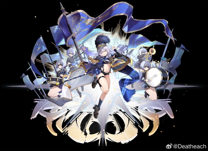 5girls, bagpipes, banner, black_background, blindfold, blue_eyes, clone, deatheach