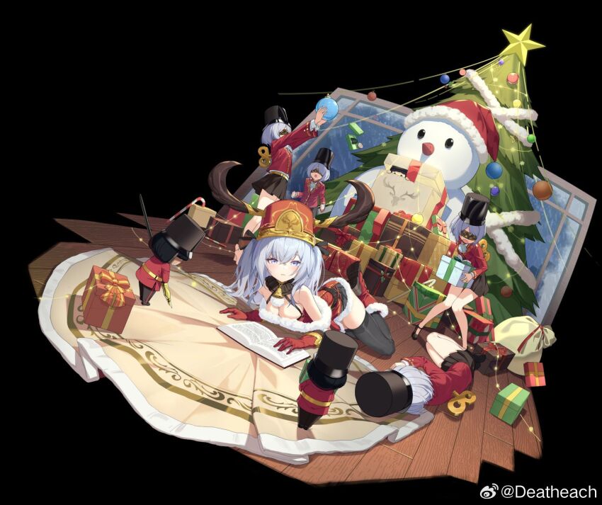 5girls, antlers, bag, black_background, black_skirt, black_thighhighs, blindfold, blue_eyes, christmas, christmas_lights, christmas_present, christmas_tree, deatheach, dolce_(neural_cloud), gears, gift, girls'_frontline, girls'_frontline_neural_cloud, grey_hair, hat, highres, horns, looking_at_viewer, lying, maestoso_(neural_cloud), multiple_girls, nutcracker, official_art, on_stomach, pleated_skirt, reindeer_antlers, santa_hat, scherzando_(neural_cloud), skirt, snowman, thighhighs, tranquilo_(neural_cloud), undine_(neural_cloud), undine_(snowy_gala)_(neural_cloud), watermark, weibo_username, weibo_watermark, wooden_floor