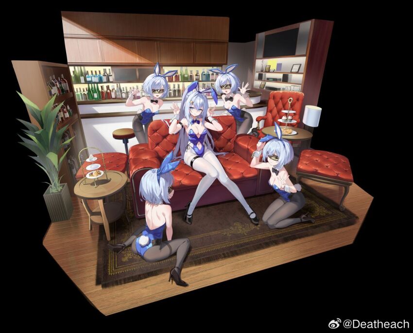 5girls, animal_ear_hairband, animal_ears, black_background, black_bow, black_bowtie, black_pantyhose, blindfold