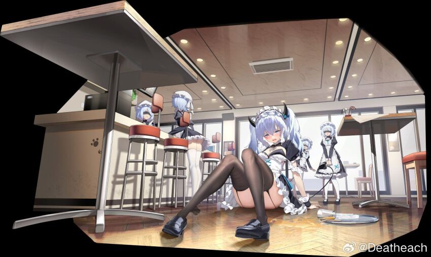 5girls, apron, black_dress, black_skirt, black_thighhighs, blindfold, blue_eyes, breasts, chair, cleavage, cleavage_cutout, clothing_cutout, deatheach, demon_tail, dolce_(neural_cloud), dress, garter_straps, girls'_frontline, girls'_frontline_neural_cloud, glass, grey_hair, maestoso_(neural_cloud), maid, maid_apron, maid_cafe, maid_headdress, multiple_girls, official_alternate_costume, official_art, on_floor, scherzando_(neural_cloud), sitting, skirt, spill, stool, table, tail, thighhighs, tranquilo_(neural_cloud), tray, undine_(clumsy_band's_maid_service)_(neural_cloud), undine_(neural_cloud), watermark, weibo_username, weibo_watermark, window