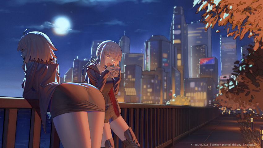 2girls, absurdres, ahoge, artoria_pendragon_(fate), ass, bent_over, black_dress, black_jacket, black_shirt, black_shorts, building, burger, cityscape, commentary_request, dress, fate/grand_order, fate_(series), food, full_moon, grey_hair, highres, holding, holding_burger, holding_food, jacket, jeanne_d'arc_alter_(avenger)_(fate), jeanne_d'arc_alter_(fate), jeanne_d'arc_alter_(ver._shinjuku_1999)_(fate), leaning_forward, moon, multiple_girls, night, official_alternate_costume, outdoors, pixiv_username, saber_alter, saber_alter_(ver._shinjuku_1999), shiki_zzy, shirt, short_hair, shorts, sky, skyscraper, thighs, twitter_username, yellow_eyes