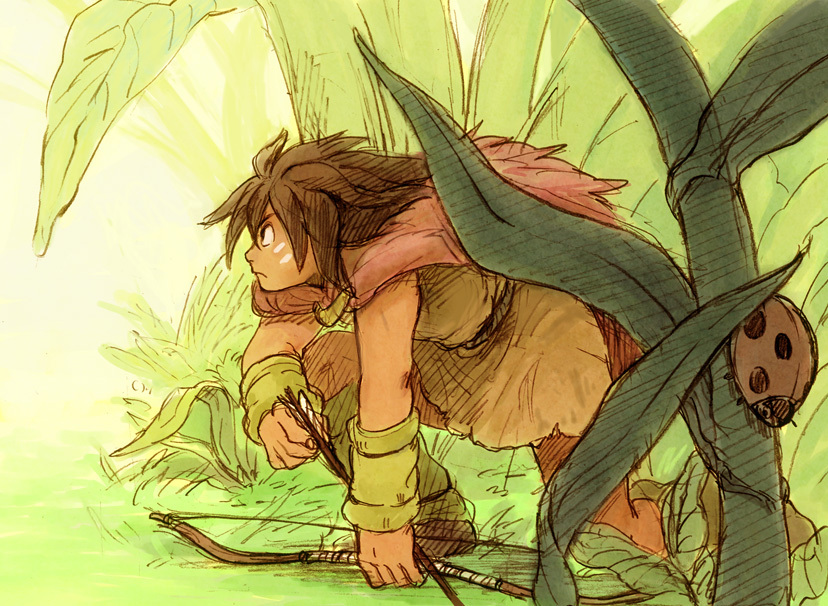 10s, 1boy, arrow_(projectile), bow_(weapon), brown_hair, bug, cape, facepaint