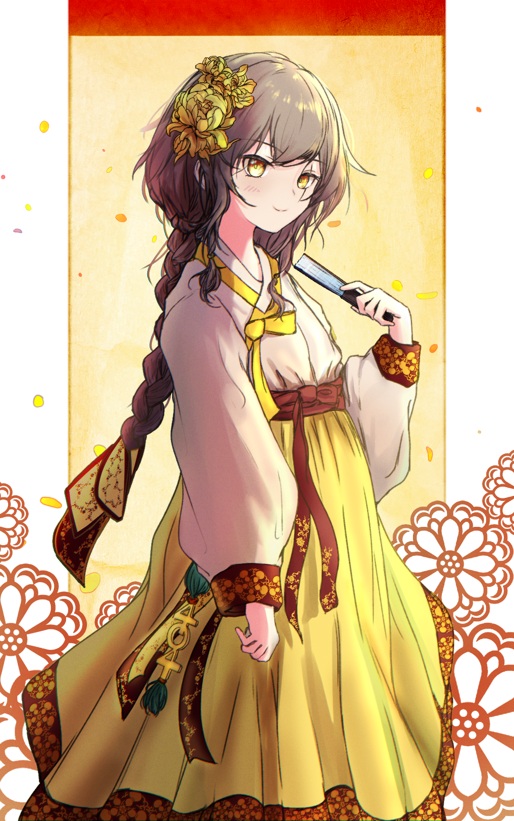 1girl, alternate_costume, braid, braided_ponytail, breasts, brown_eyes, brown_hair, closed_mouth
