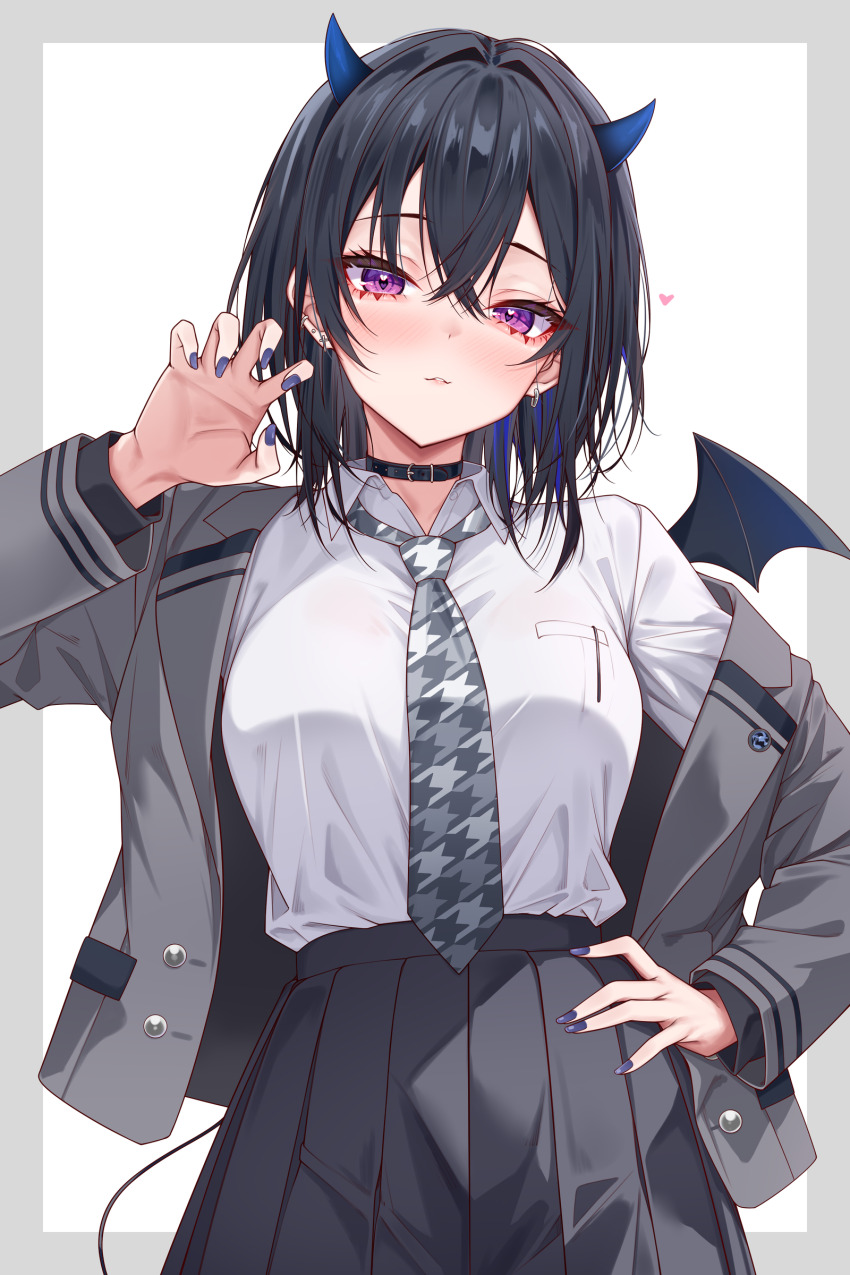 absurdres, amaki_daisuke, black_choker, black_hair, blazer, breasts, choker, collared_shirt, demon_wings, hand_on_own_hip, highres, horns, ichinose_uruha, jacket, long_hair, looking_at_viewer, medium_breasts, necktie, pleated_skirt, purple_eyes, shirt, skirt, virtual_youtuber, vspo!, vspo!_showdown, white_shirt, wings