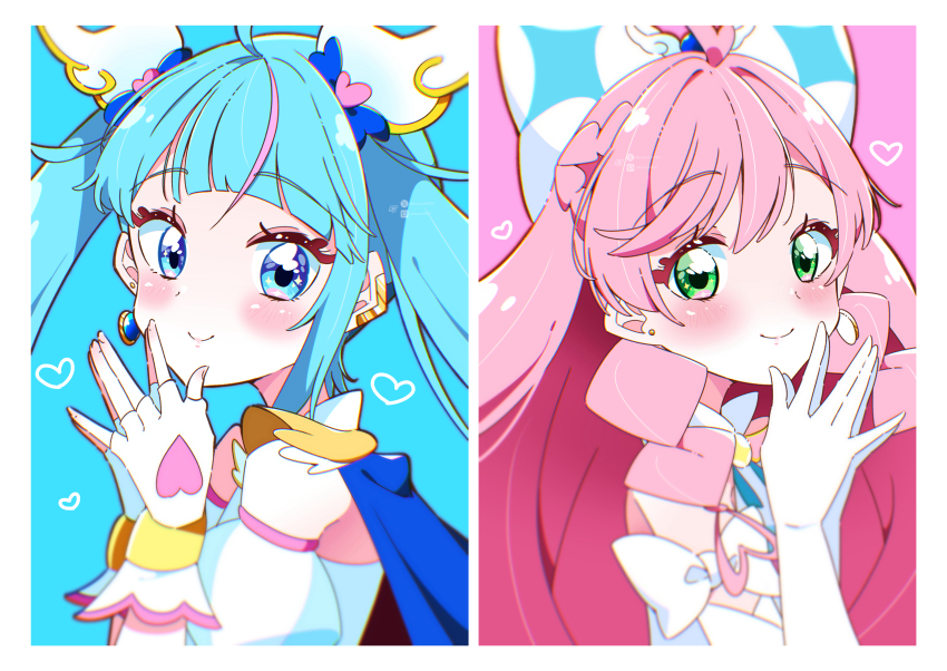 2girls, absurdres, blue_background, blue_cape, blue_eyes, blue_hair, bow, braid