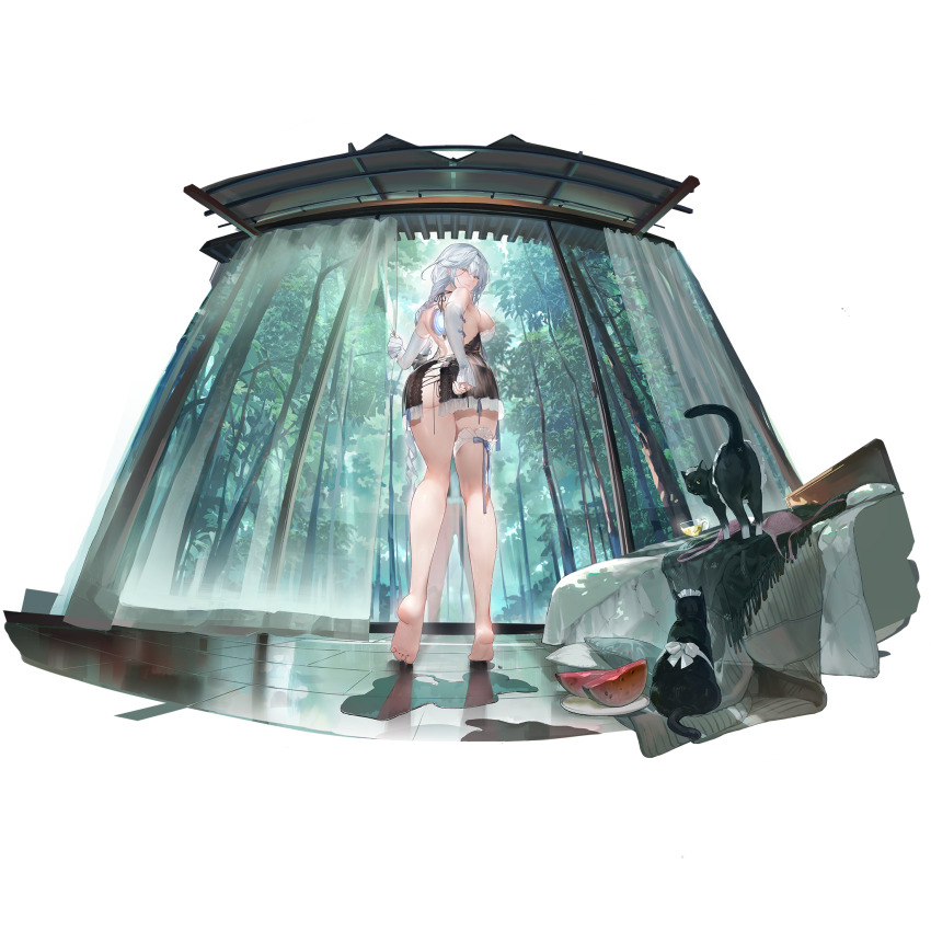 1girl, bed, black_cat, black_negligee, cat, curtains, detached_sleeves, eos_(dawnglimmer_aquamarine)_(neural_cloud), eos_(neural_cloud), feet, food, forest, from_below, fruit, game_cg, girls'_frontline, girls'_frontline_neural_cloud, glass_door, highres, laowei_shi_tu, legs, looking_at_viewer, looking_back, nature, official_alternate_costume, official_art, plate, red_eyes, see-through_curtains, soles, solo, thigh_strap, third-party_source, toes, transparent_background, tree, watermelon, white_hair, window