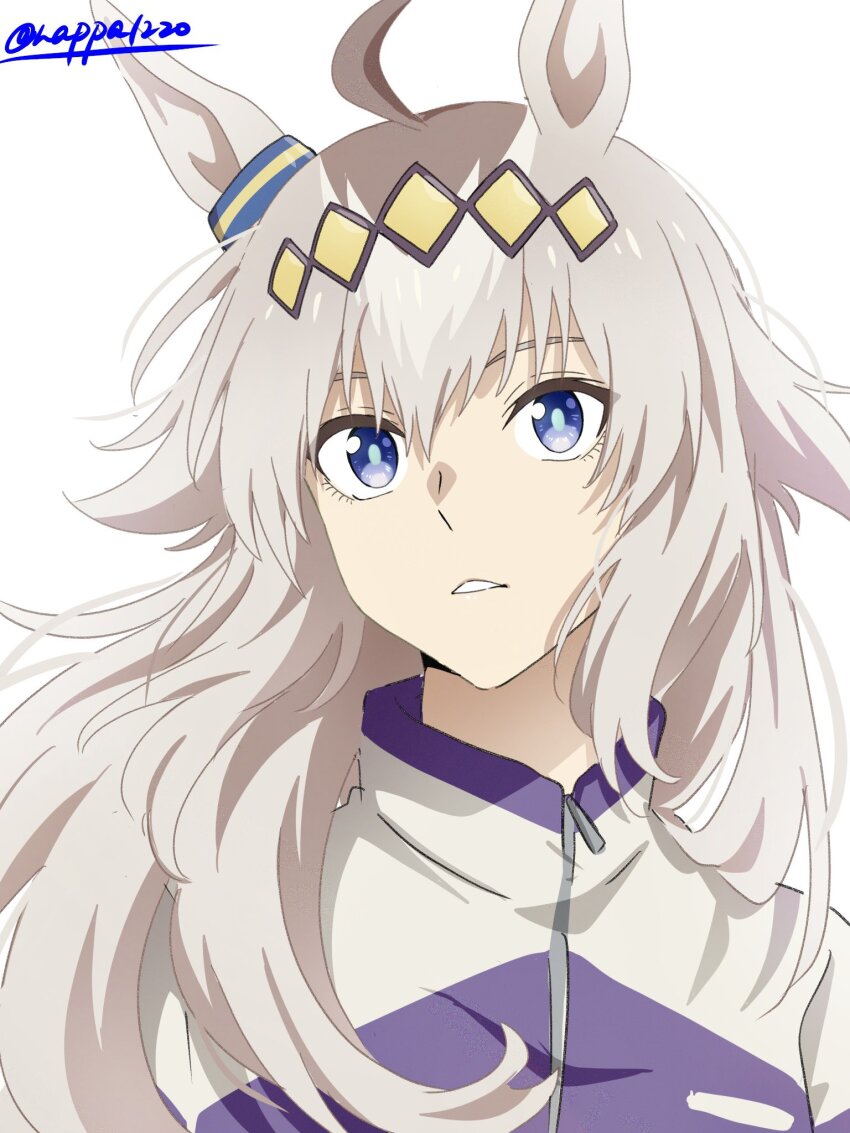 1girl, ahoge, animal_ears, blue_eyes, brown_hair, ear_ornament, grey_hair, hair_ornament