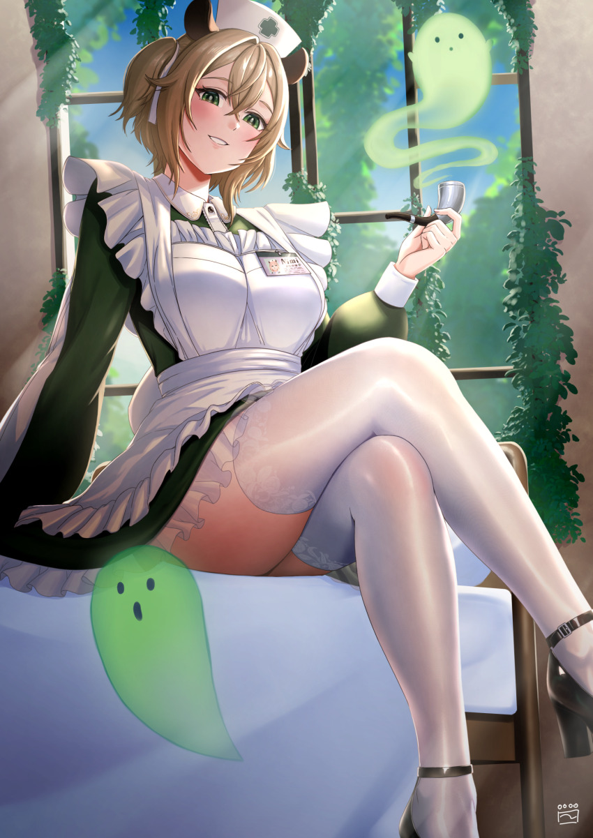 1girl, animal_ears, apron, black_shoes, breasts, brown_hair, center_frills, commentary