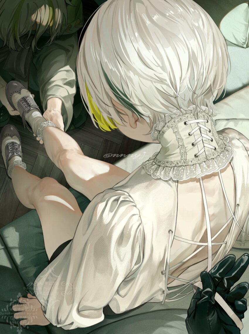 3others, androgynous, ankle_grab, back, backless_outfit, black_gloves, black_shorts, blonde_hair, close-up, collar, commentary_request, cross-laced_collar, detached_collar, gloves, green_hair, green_streaks, highres, kneeling, lace-trimmed_collar, lace-trimmed_socks, lace_trim, leg_focus, long_sleeves, lower_body, multicolored_hair, multicolored_shoes, multiple_boys, multiple_others, nnnyj, original, other_focus, pov, pov_hands, putting_on_footwear, saddle_shoes, shirt, shoelaces, shoes, short_hair, shorts, simple_background, sitting, socks, solo_focus, streaked_hair, twitter_username, two-tone_shoes, water, watermark, white_collar, white_hair, white_shirt, white_socks, wooden_floor
