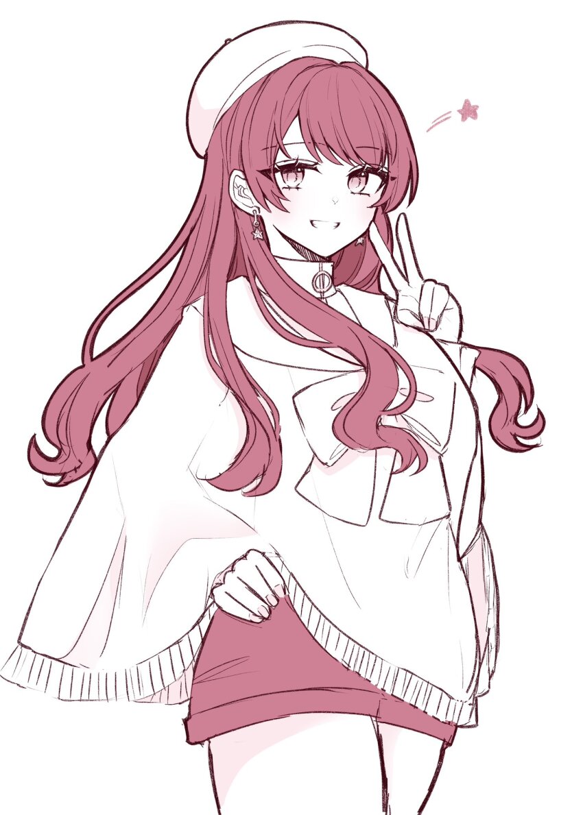 1girl, beret, bow, earrings, grin, hand_on_own_hip, hat, highres