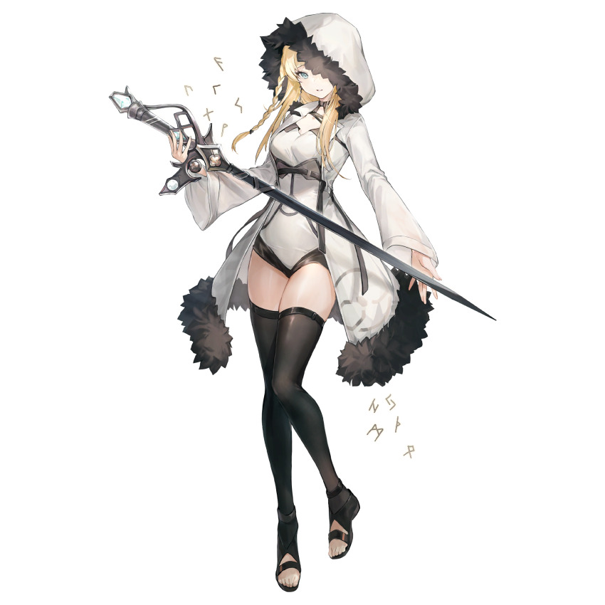 1girl, artist_request, black_thighhighs, blonde_hair, blue_eyes, choker, full_body, game_cg, girls'_frontline, girls'_frontline_neural_cloud, highres, holding, holding_sword, holding_weapon, hood, hood_up, k5_(girls'_frontline), looking_at_viewer, luna_(neural_cloud), official_art, sandals, solo, sword, tachi-e, thighhighs, third-party_source, transparent_background, weapon