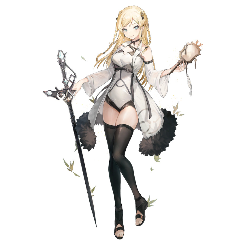 1girl, artist_request, black_thighhighs, blonde_hair, blue_eyes, choker, full_body, game_cg, girls'_frontline, girls'_frontline_neural_cloud, highres, holding, holding_mirror, k5_(girls'_frontline), looking_at_viewer, luna_(neural_cloud), mirror, official_art, sandals, solo, sword, tachi-e, thighhighs, third-party_source, transparent_background, weapon