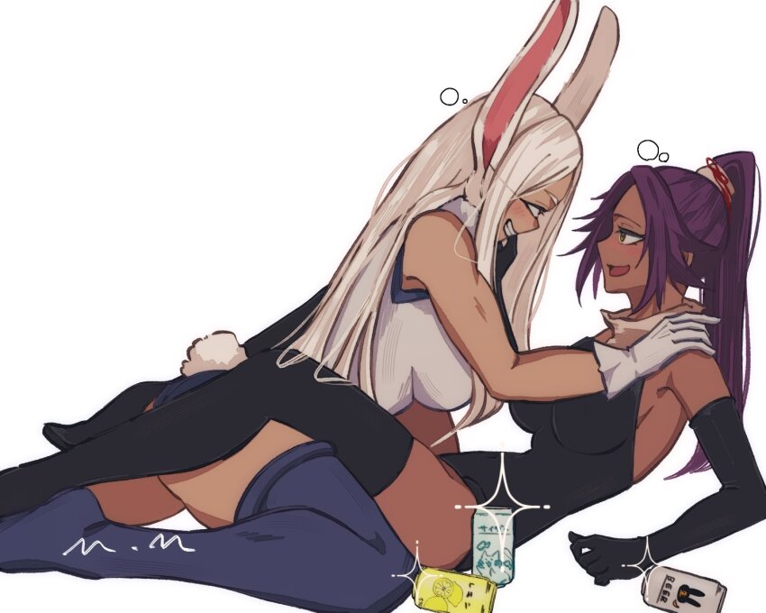 2girls, alcohol, animal_ears, beer, black_gloves, black_leotard, black_thighhighs, black_vs_white, bleach, bleach:_sennen_kessen-hen, blue_thighhighs, boku_no_hero_academia, crossover, dark-skinned_female, dark_skin, drunk, elbow_gloves, female_focus, gloves, hair_ornament, highres, leotard, long_hair, looking_at_another, mirko, mmsb_551, multiple_girls, ponytail, purple_hair, rabbit_ears, rabbit_girl, rabbit_tail, shihouin_yoruichi, simple_background, tail, thighhighs, trait_connection, white_background, white_gloves, white_hair, white_leotard, yellow_eyes