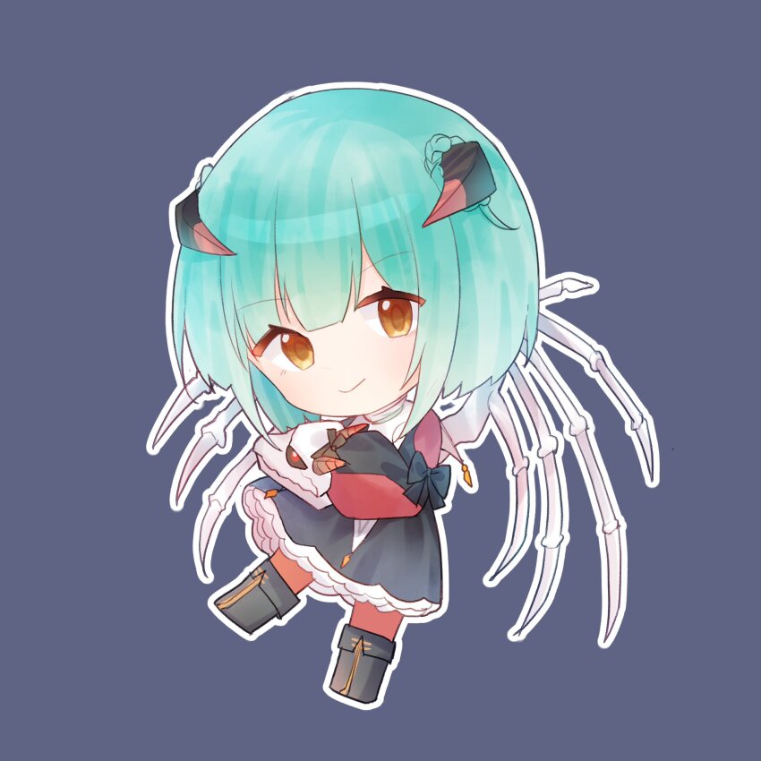 1girl, bungo_yayoi, chibi, dress, fake_horns, green_hair, heaven_burns_red, highres