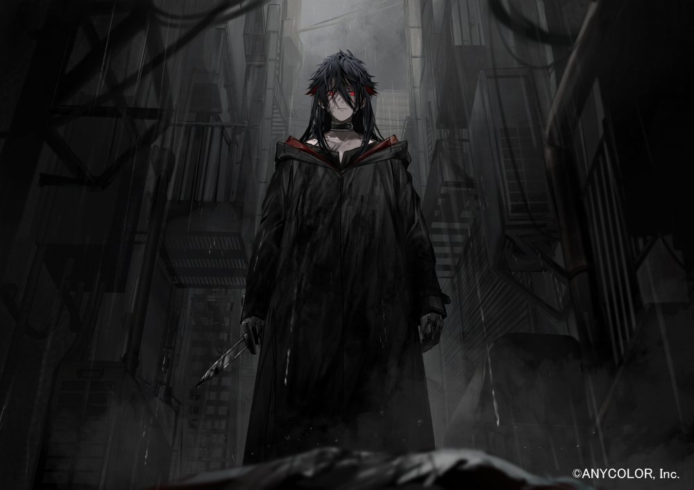 1boy, alley, alternate_hair_color, alternate_hairstyle, arms_at_sides, balcony, black_collar, black_gloves