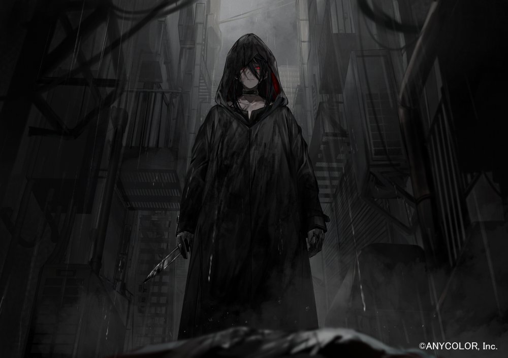 1boy, alley, alternate_hair_color, alternate_hairstyle, arms_at_sides, balcony, black_collar, black_gloves