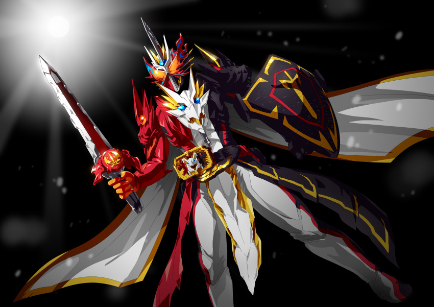 1boy, absurdres, black_background, cloak, compound_eyes, dragon, emotional_dragon_wonder_ride_book, highres, holding, holding_shield, holding_sword, holding_weapon, kaenken_rekka, kamen_rider, kamen_rider_saber, kamen_rider_saber:_the_phoenix_swordsman_and_the_book_of_ruin, kamen_rider_saber_(series), kamen_rider_saber_emotional_dragon, otokamu, rider_belt, seiken_swordriver, shield, standing, sword, weapon